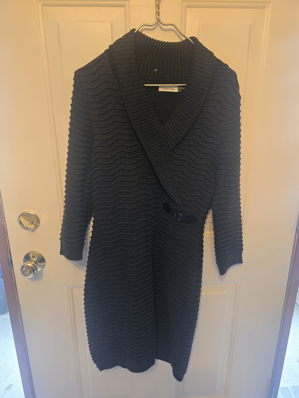 Calvin Klein Black Shawl Collar Ribbed Knit Sweater Dress